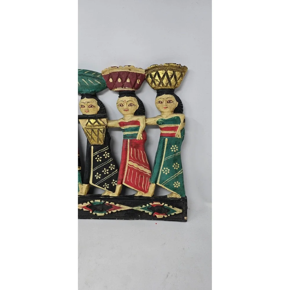Vtg Balinese hand carved wood wall art procession figures painted gold relief